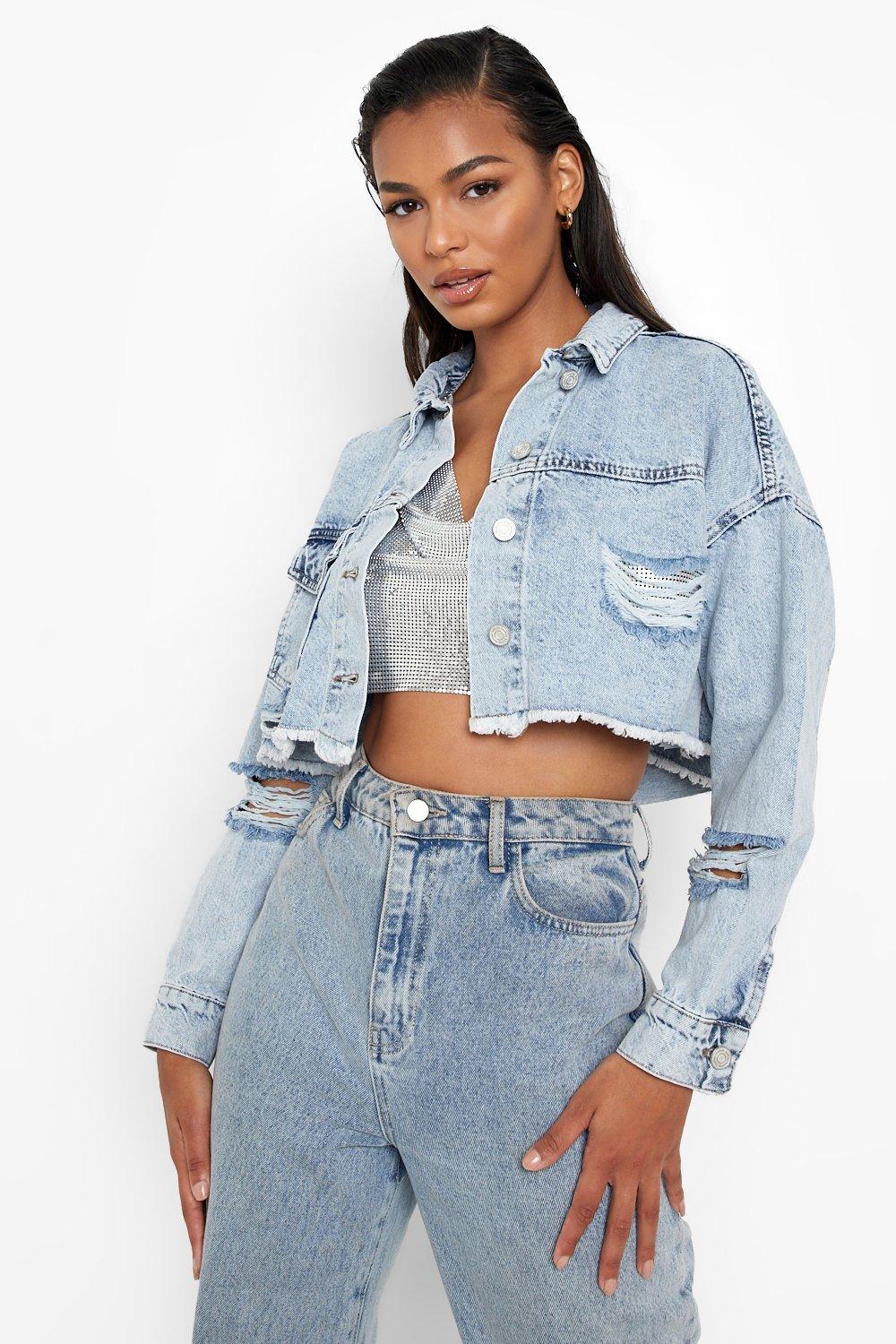 Chain Mail Rip & Repair Cropped Denim Jacket